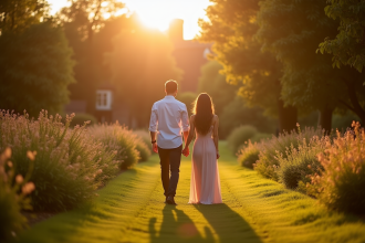 Couple romantique marchant dans un jardin normand au coucher du soleil
