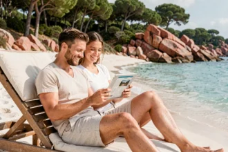 Couple planifiant leur séjour à Palombaggia en Corse, assis sur un transat face aux eaux turquoise et aux rochers de granit rose