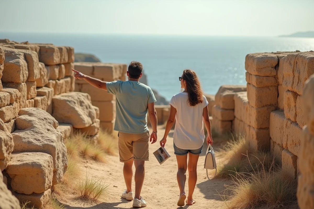 Couple explorant les temples mégalithiques de Ħaġar Qim à Malte avec guide de voyage en main