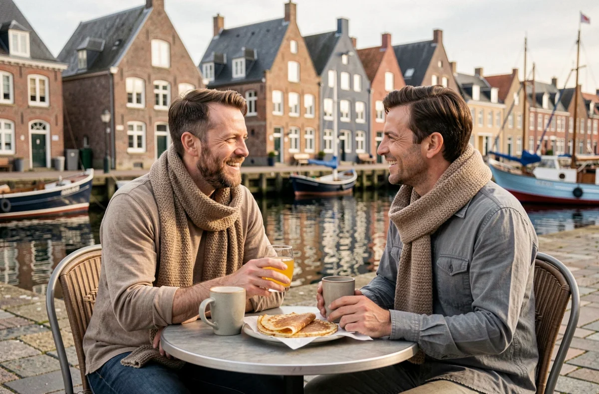 Couple dégustant des crêpes et du cidre en terrasse face au Vieux Bassin du port de Honfleur