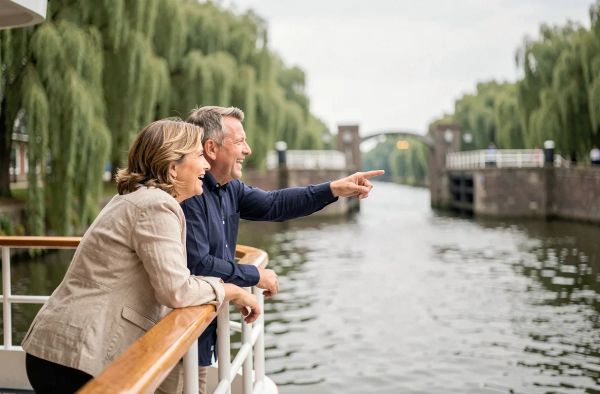 Couple de touristes à la proue d'une péniche observant une écluse bourguignonne lors d'une croisière fluviale