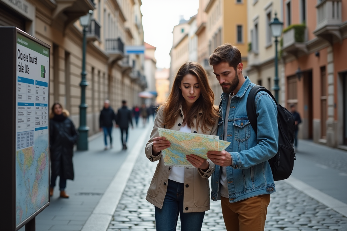 Jeune couple regardant une carte en ville avec panneau touristique
