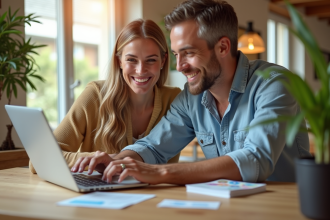 Couple souriant planifiant vacances avec chèques vacances