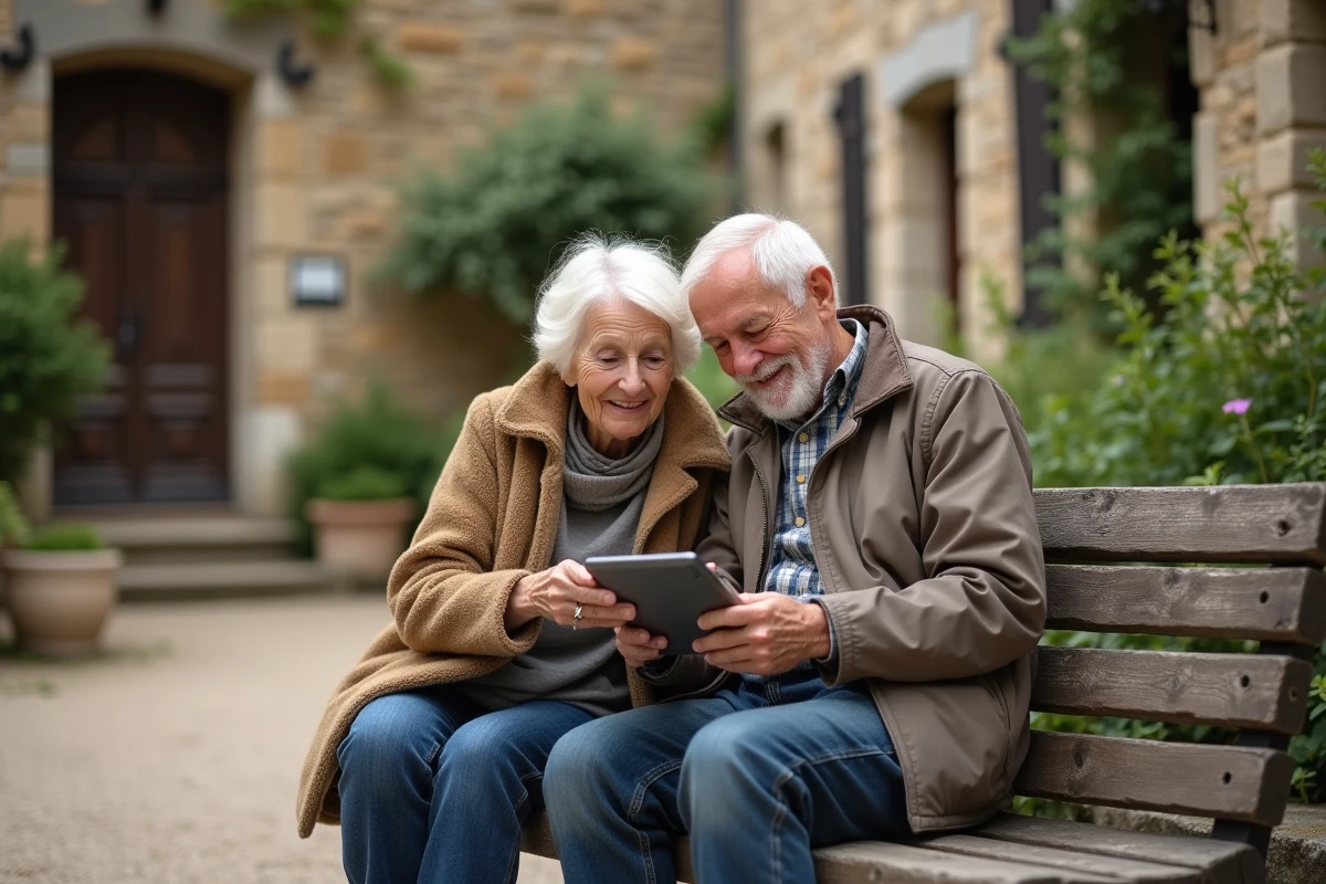 Couple âgée utilisant une tablette dans un village d