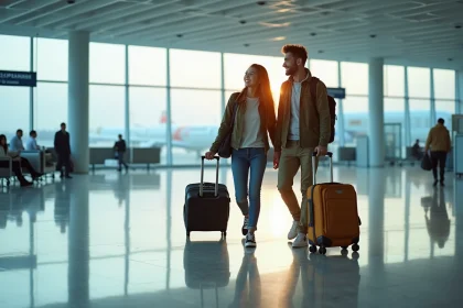 Jeune couple souriant dans un aéroport moderne avec valises