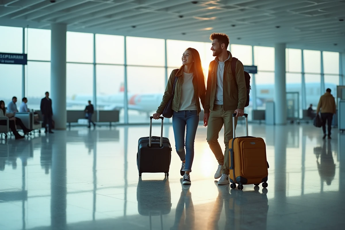 Jeune couple souriant dans un aéroport moderne avec valises
