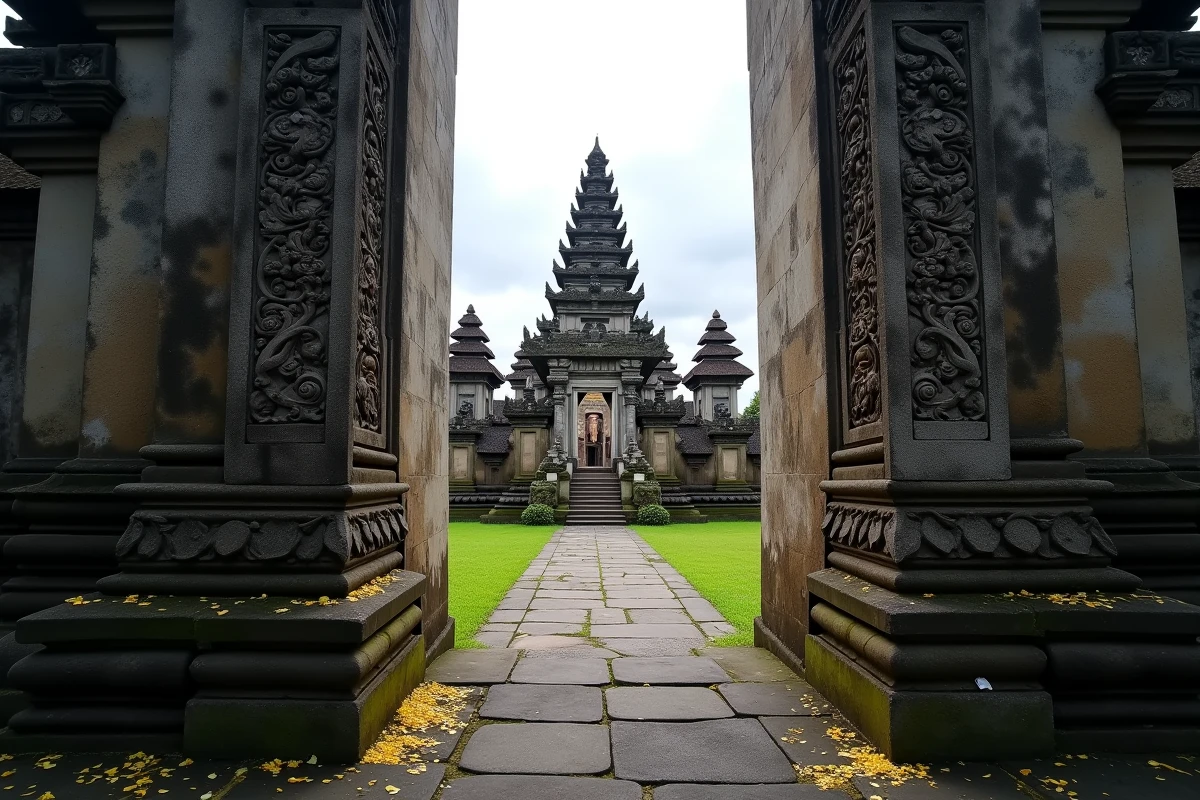 Vue intérieure du temple Taman Ayun à Bali avec ses portes en pierre sculptée et ses tours meru à toits de chaume dans une atmosphère silencieuse et sacrée