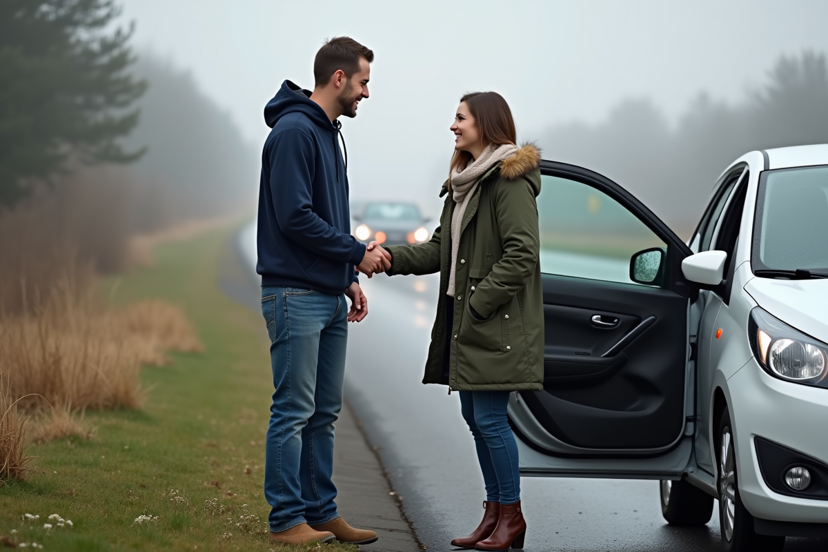 Homme et femme se saluant avant le covoiturage en extérieur