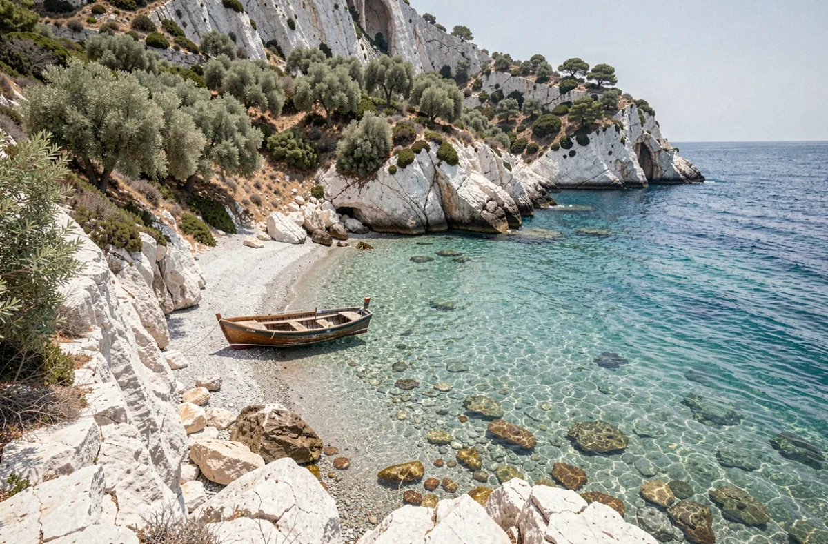Crique sauvage et eau turquoise sur l'île de Skopelos avec falaises calcaires et végétation méditerranéenne