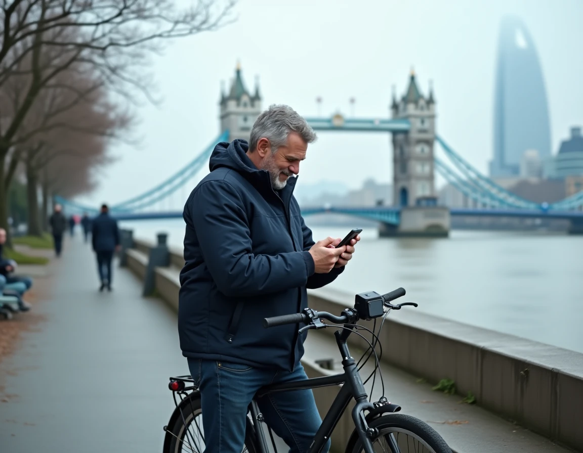 Cycliste consultant son téléphone sur la rive de la Tamise avec le Tower Bridge en arrière-plan lors d'une navigation dans Londres