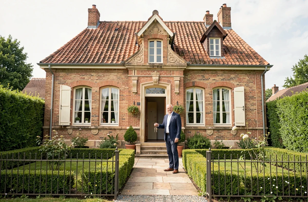 Façade en briques d'une villa bourgeoise du XIXe siècle représentant le gîte Delesalle Luc avec un hôte sur le pas de la porte tenant des clés