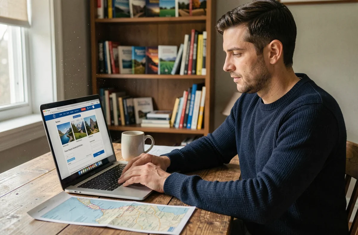 Homme consultant un site de demande de devis de voyage organisé sur son ordinateur portable depuis son bureau à domicile