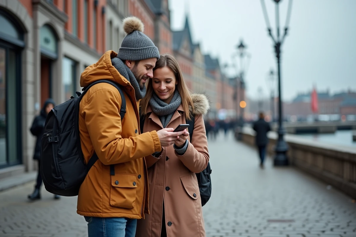 Couple consultant une application de navigation dans le Vieux-Montréal avant de partir en road trip vers New York