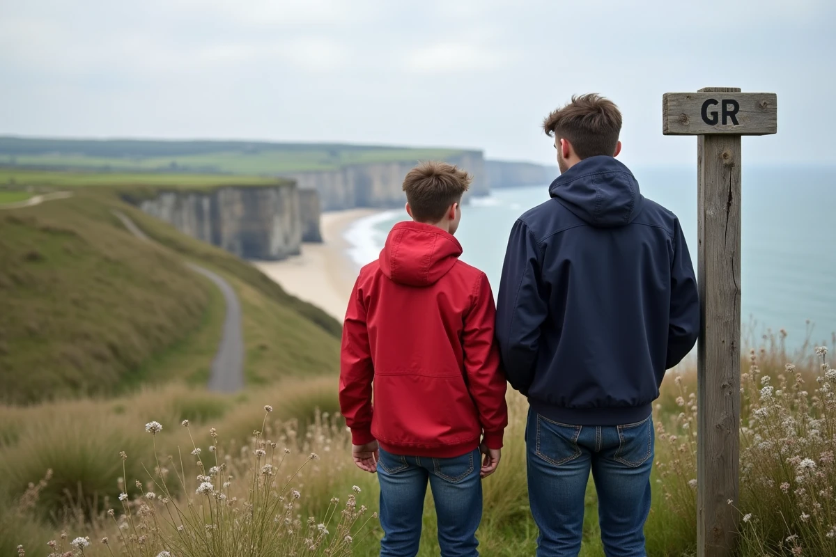 Deux jeunes hommes admirant le paysage côtier normand