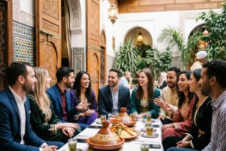 Groupe élégant à Marrakech lors d'un dîner festif