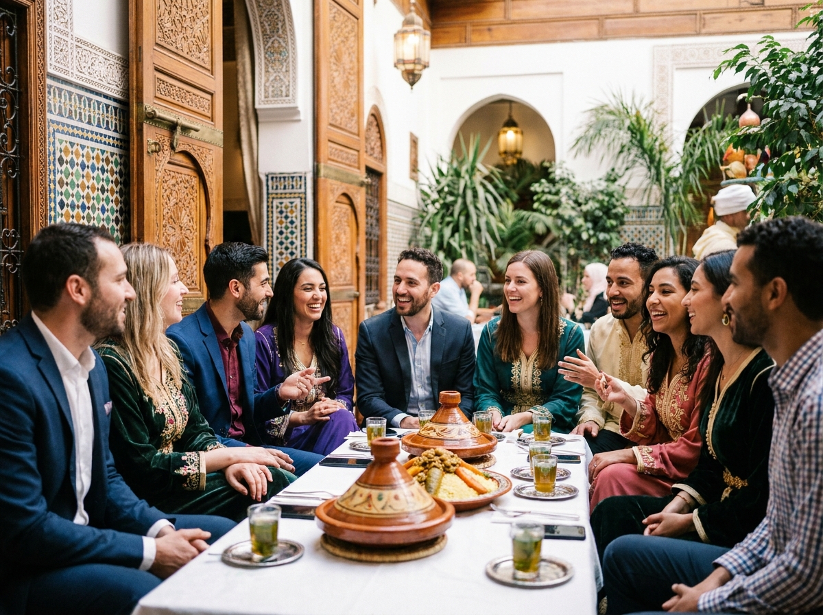Groupe élégant à Marrakech lors d'un dîner festif