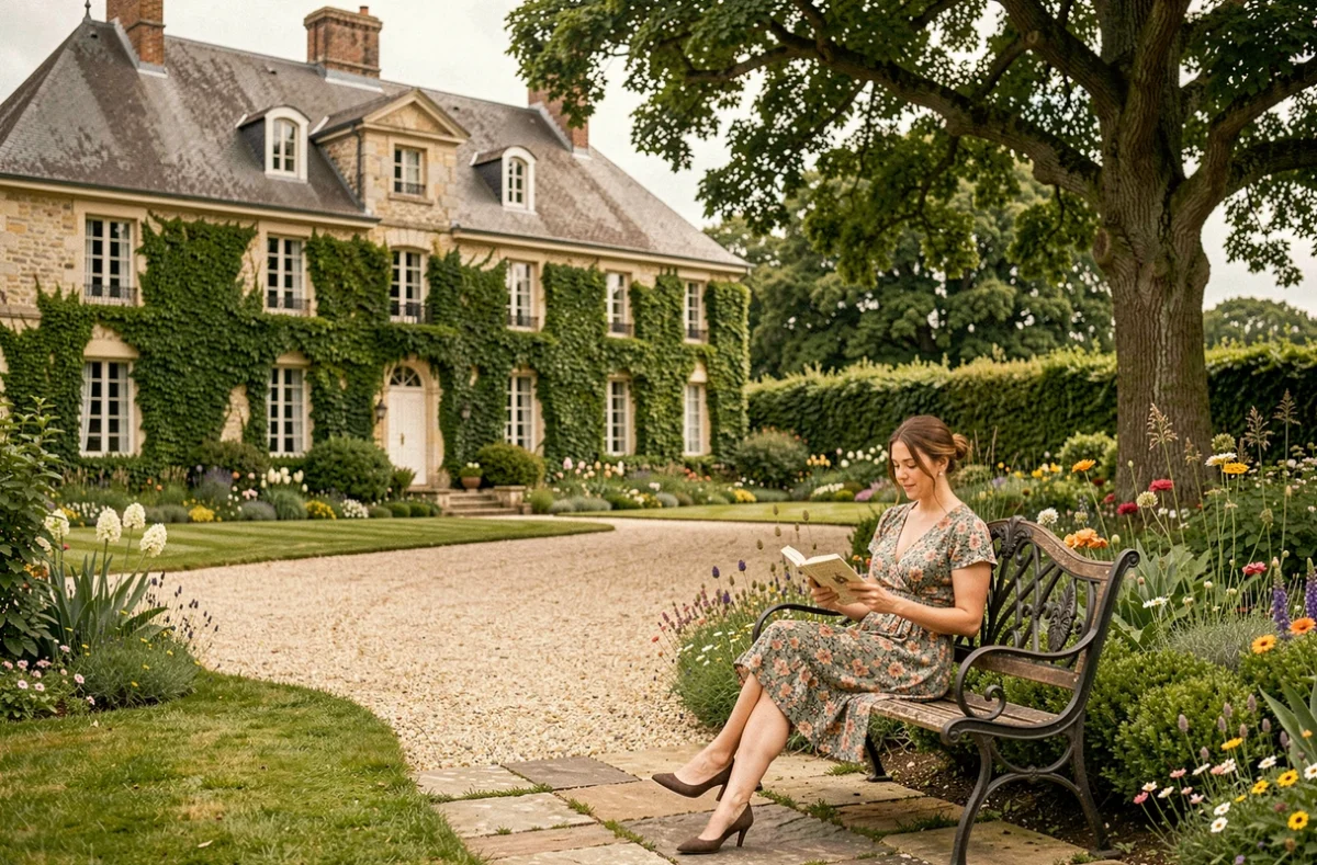 Manoir du Domaine de Beaulieu entouré de jardins verdoyants avec une femme lisant sur un banc en fer forgé