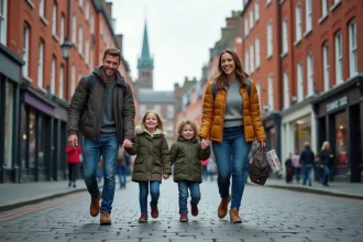 Famille avec deux enfants se promenant dans les rues historiques de Dublin en famille