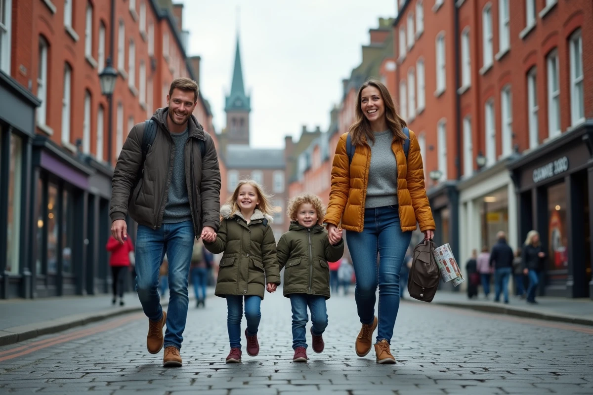 Famille avec deux enfants se promenant dans les rues historiques de Dublin en famille