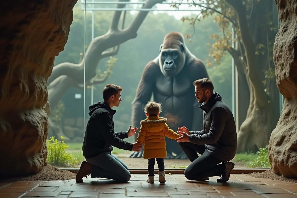 Père et enfant admirant un gorille à travers la vitre du Dublin Zoo, la sortie payante la plus populaire en famille