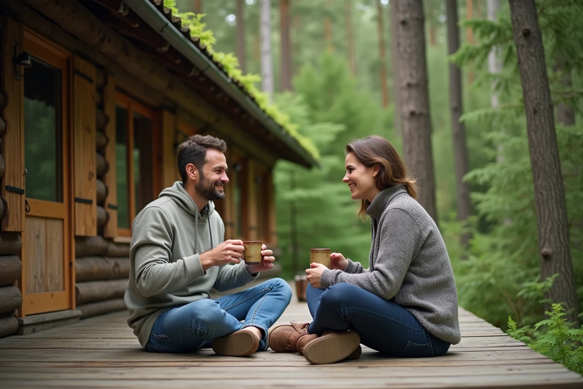 Couple se reposant sur la terrasse d'un écolodge en forêt alsacienne, hébergement durable en Bas-Rhin