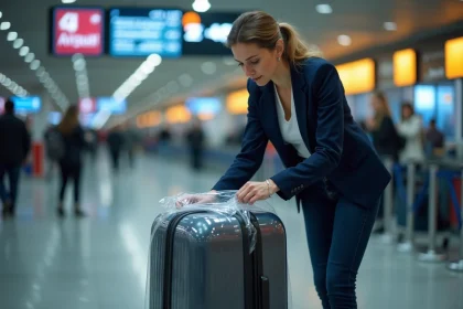 Femme emballant sa valise avec un film protecteur transparent à l'aéroport pour éviter l'ouverture en soute