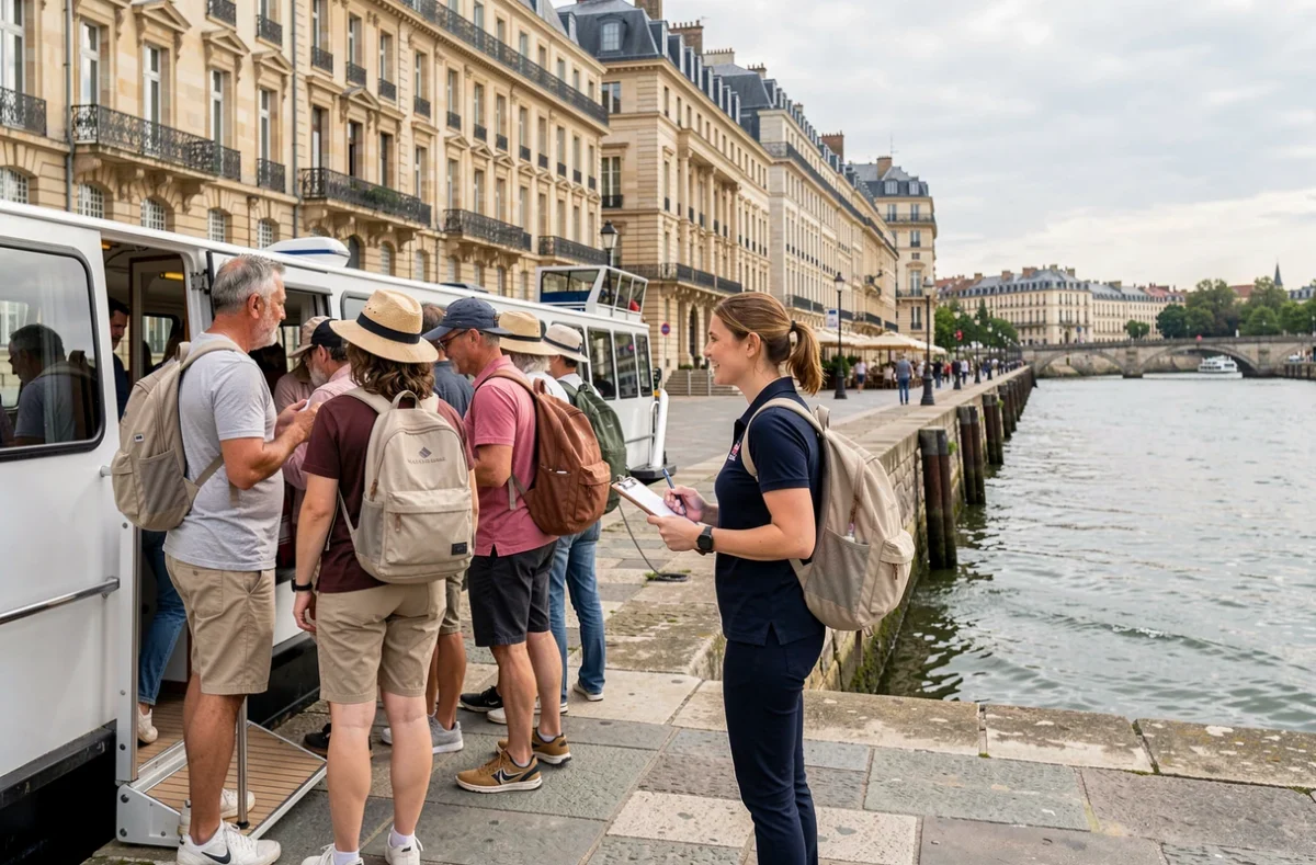 Touristes embarquant sur un bateau de croisière fluviale au quai de Bordeaux avec guide touristique