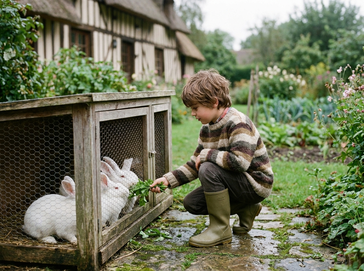 Enfant nourrissant des lapins dans le jardin d'un gîte normand avec chaumière en arrière-plan