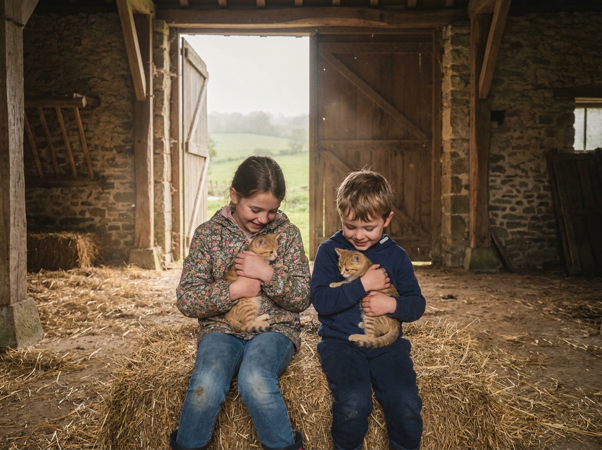 Deux enfants tenant des chatons dans une grange normande avec vue sur prairie brumeuse