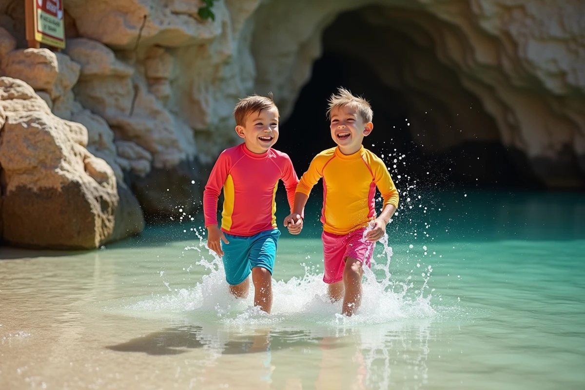 Enfants jouant dans l'eau peu profonde d'une crique calme à Nice pendant les vacances d'été en famille