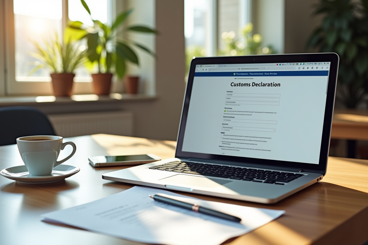 Espace de travail avec ordinateur et documents liés à la douane