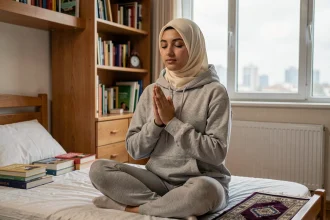 Étudiante musulmane faisant la duaa du voyageur dans sa chambre de résidence universitaire à l'étranger
