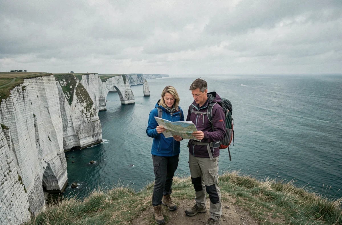 Couple avec une carte touristique au sommet des falaises d'Étretat en Normandie