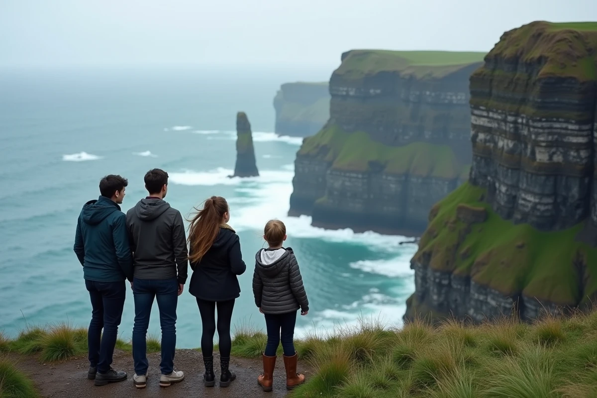 Famille contemplant les spectaculaires falaises de Moher lors d'une excursion d'une journée depuis Dublin
