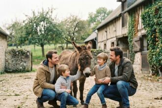 Famille avec enfants qui caressent un âne dans une ferme normande aux murs en pierre