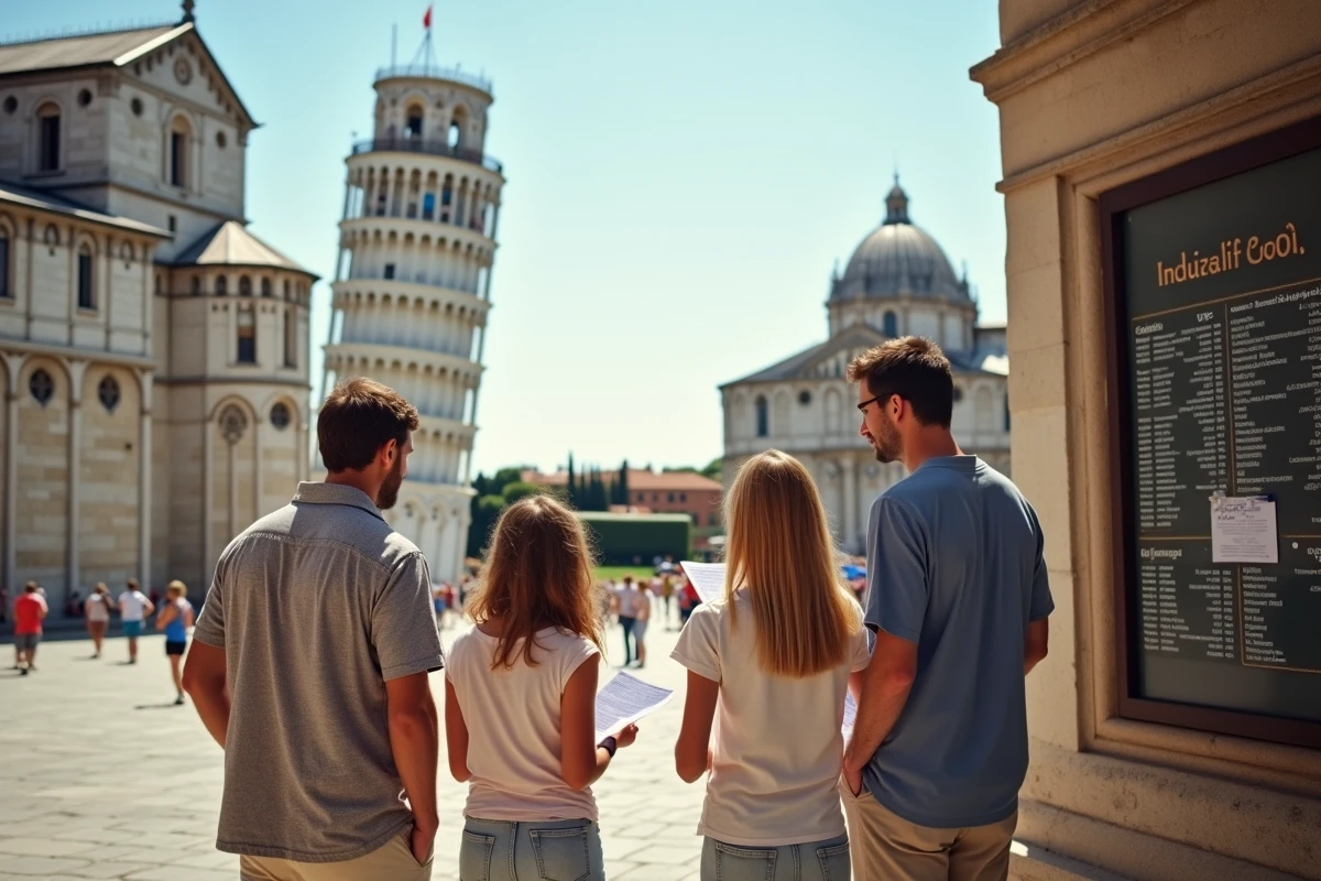 Famille devant le panneau d horaires à l entrée de Pisa