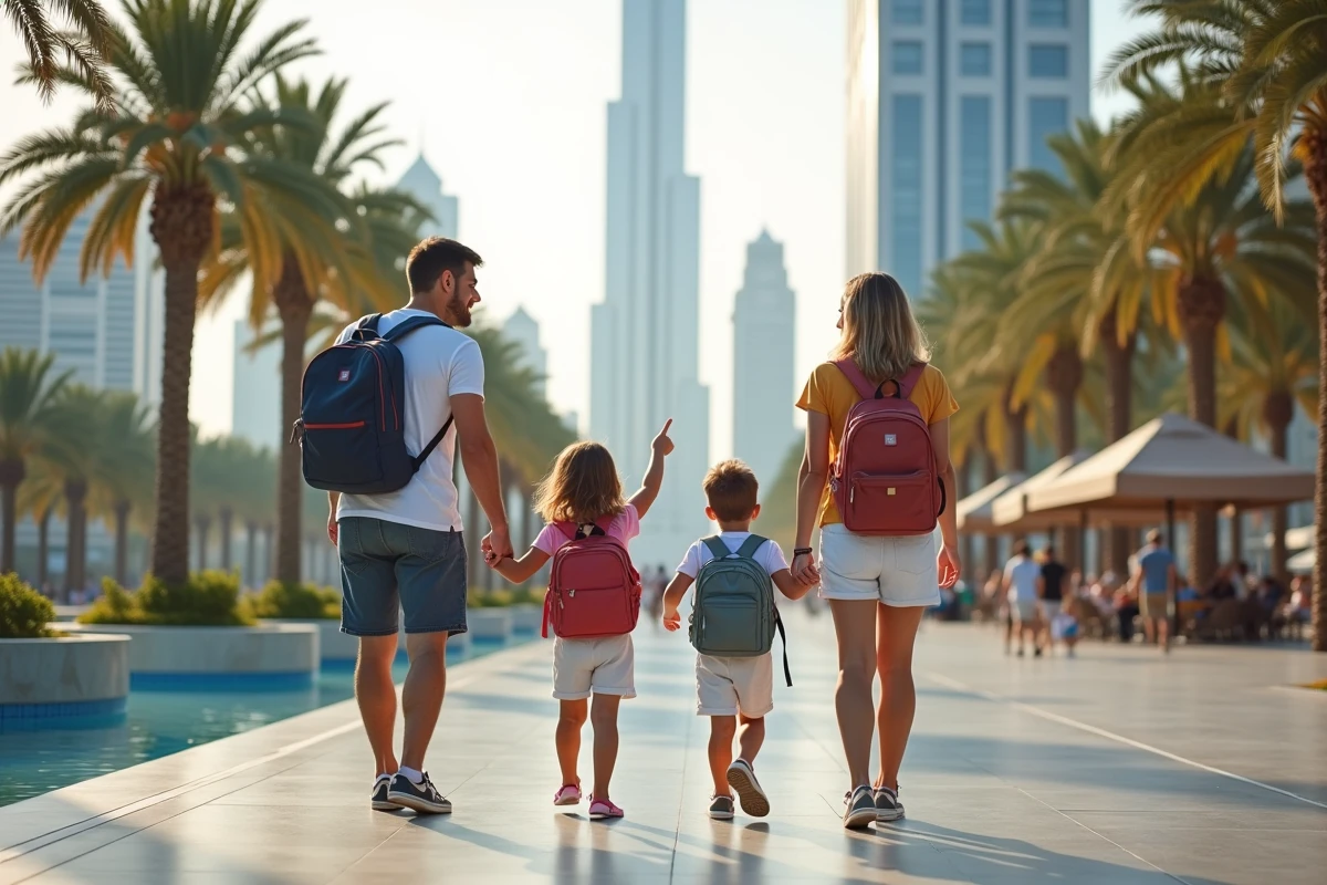 Famille souriante devant le Burj Khalifa à Dubaï