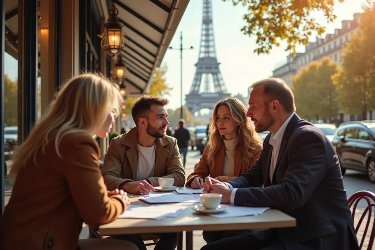 Famille russe discutant à un café parisien avec la tour Eiffel