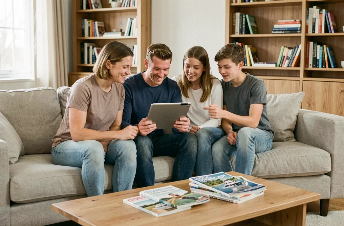 Famille planifiant ensemble une croisière sur une tablette dans leur salon
