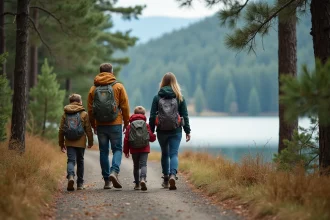 Famille en randonnée sur le sentier du tour du lac de Gérardmer à travers la forêt vosgienne