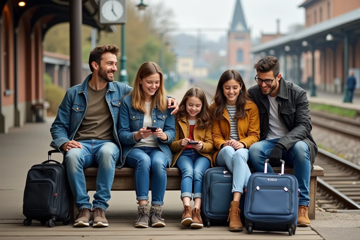 Famille de cinq souriante à la gare en voyage en Europe
