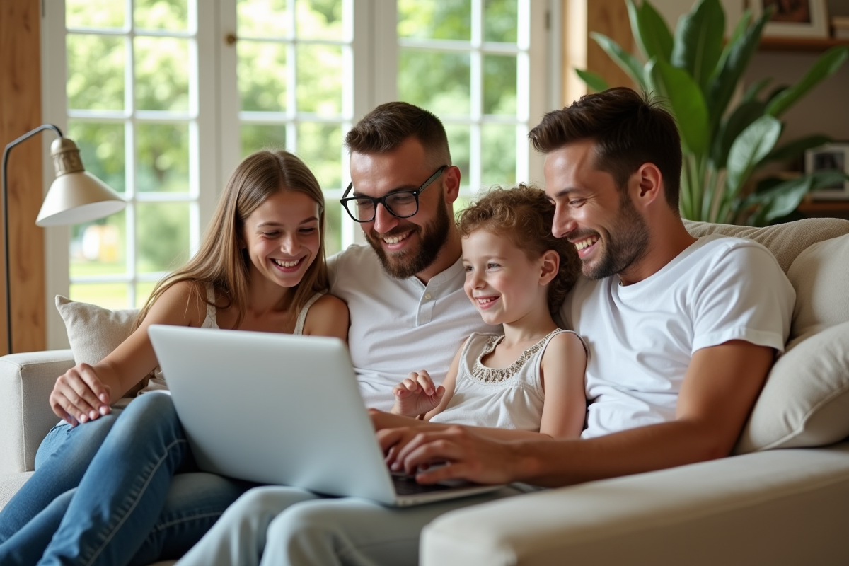 Famille souriante dans un salon lumineux en vacances