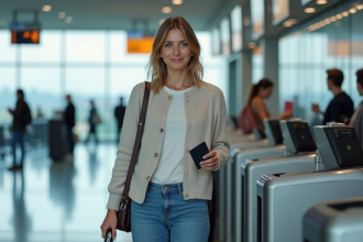 Femme détendue à l'aéroport avec passeport et valise