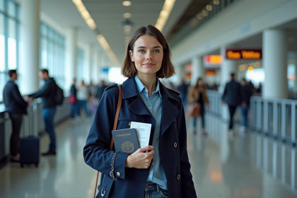 Jeune femme à l'aéroport avec passeport et carte santé