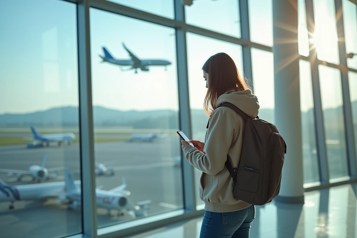 Jeune femme regardant un avion depuis la fenêtre de l