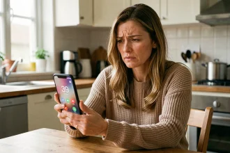 Femme hésitant à répondre à un appel téléphonique affichant le numéro 39 sur son smartphone