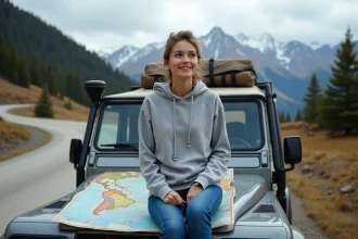 Jeune femme en hoodie sur un SUV en montagne