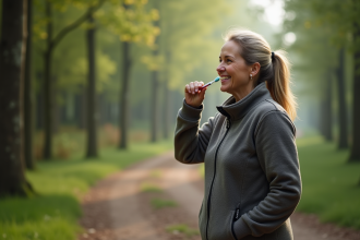 Femme en veste en fleece brossant ses dents en plein air