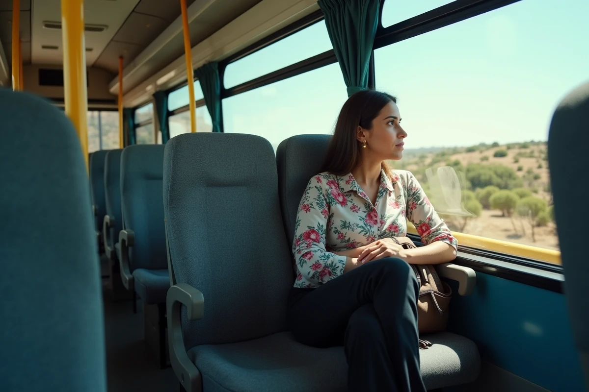 Femme voyageant en bus entre Monastir et Tunis avec vue sur le paysage tunisien