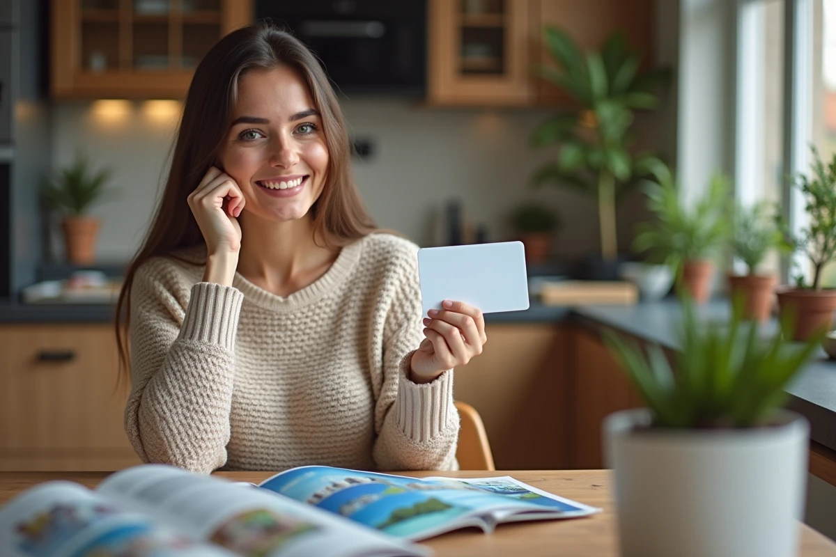 Femme souriante tenant une carte cadeau voyage dans une cuisine chaleureuse
